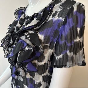 Ruffled blue black short sleeve blouse women Size S